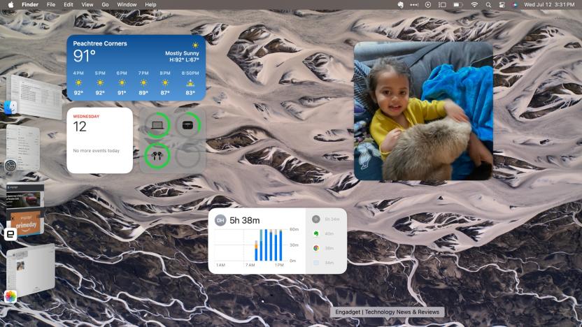 macOS Sonoma desktop with widgets