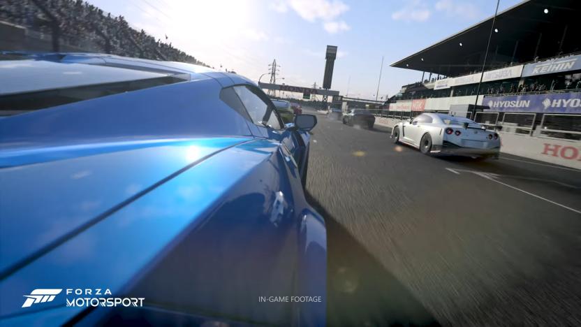 Game screenshot from ‘Forza Motorsport,’ showing a blue car in the foreground trying to catch up to white and darker cars in the right lanes