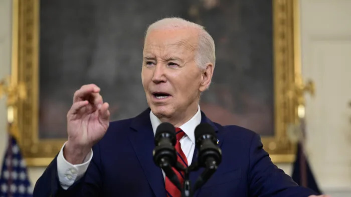 US President Joe Biden speaks after signing the foreign aid bill at the White House in Washington, DC, on April 24, 2024. The $95 billion package of assistance to Ukraine, Israel and Taiwan also provides needed humanitarian assistance to Gaza, Sudan and Haiti, and a measure to ban TikTok in the US. (Photo by Jim WATSON / AFP) (Photo by JIM WATSON/AFP via Getty Images)