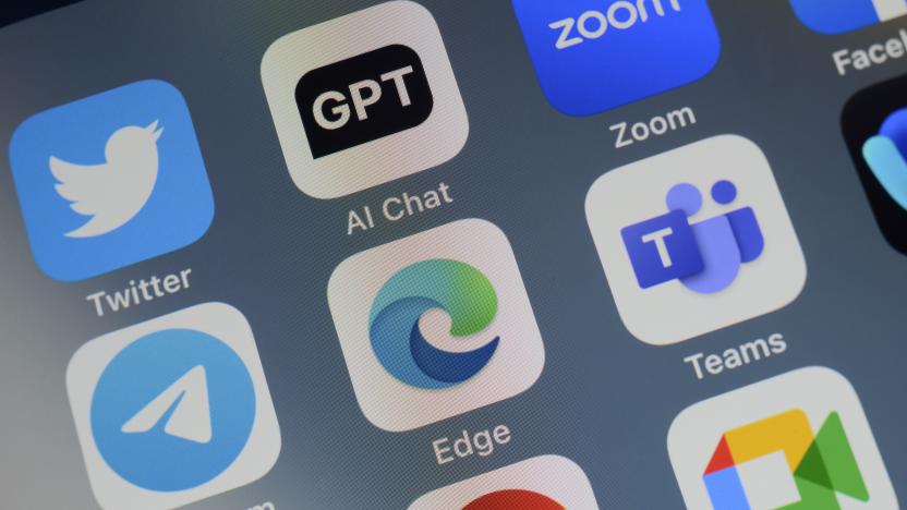 Close-up of of the icon of the Microsoft Edge artificial intelligence Internet browser app logo on a cellphone screen. Surrounded by the app icons of Twitter, ChatGPT, Zoom, Telegram, Teams, Chrome and Meet.