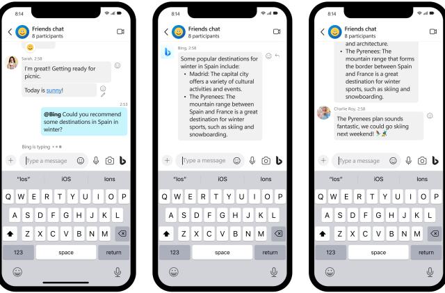Screenshots of a Microsoft's Bing chatbot in a Skype group chat. A user asks about suggestions for winter destinations in Spain and the chatbot provides some options.