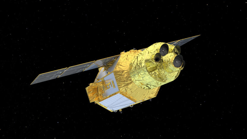 A digital rendering of the gold-wrapped X-Ray Imaging and Spectroscopy Mission — or XRISM spacecraft seen against the black background of space with only a few stars..