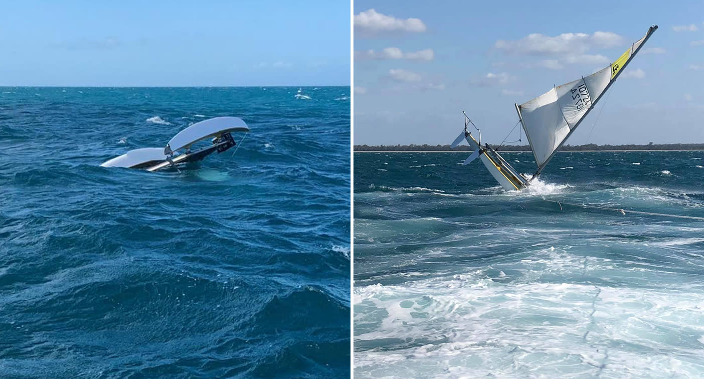 hervey bay catamaran rescue: woman who can't swim clings