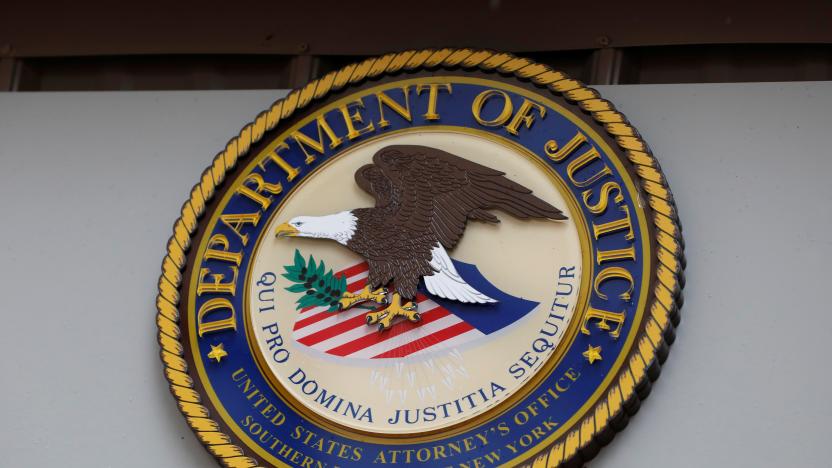 The seal of the United States Department of Justice is seen on the building exterior of the United States Attorney's Office of the Southern District of New York in Manhattan, New York City, U.S., August 17, 2020. REUTERS/Andrew Kelly