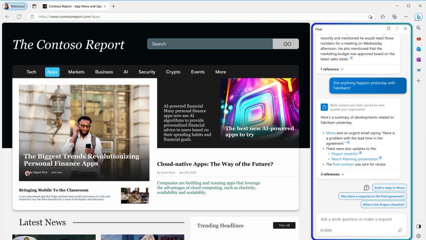 a sample webpage of the Contoso Report website with the AI window on the right hand edge