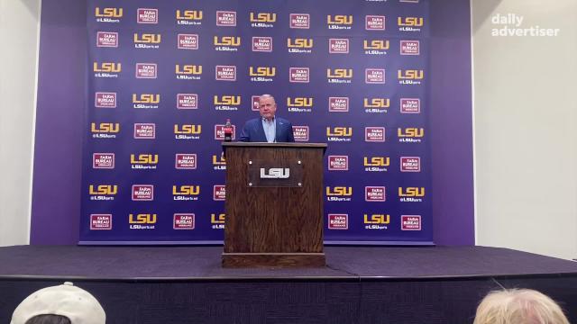 LSU football coach Brian Kelly speaks to media before Tennessee matchup
