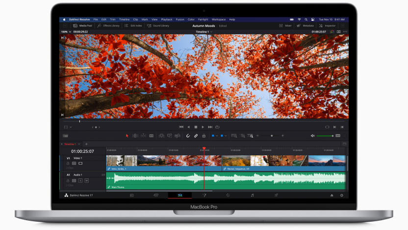 Promotional image of Apple's new M1-ified MacBook Pro running DaVinci Resolve