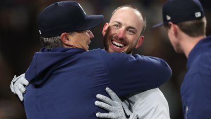 Getty Images - SEATTLE, WASHINGTON - APRIL 29: Mitch Garver #18 of the Seattle Mariners celebrates his walk-off two run home run with manager Scott Servais #9 against the Atlanta Braves during the ninth inning at T-Mobile Park on April 29, 2024 in Seattle, Washington. (Photo by Steph Chambers/Getty Images)