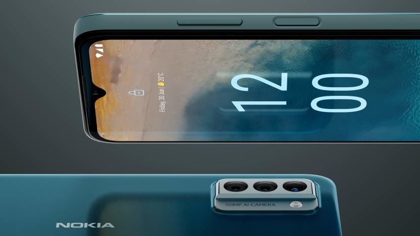 Two Nokia G22 phones positioned horizontally. The one on top has the screen angled toward the viewer, showing a camera notch and volume and power buttons. On the bottom is a look at the phone's rear, with a triple camera array and the SIM tray on the side.