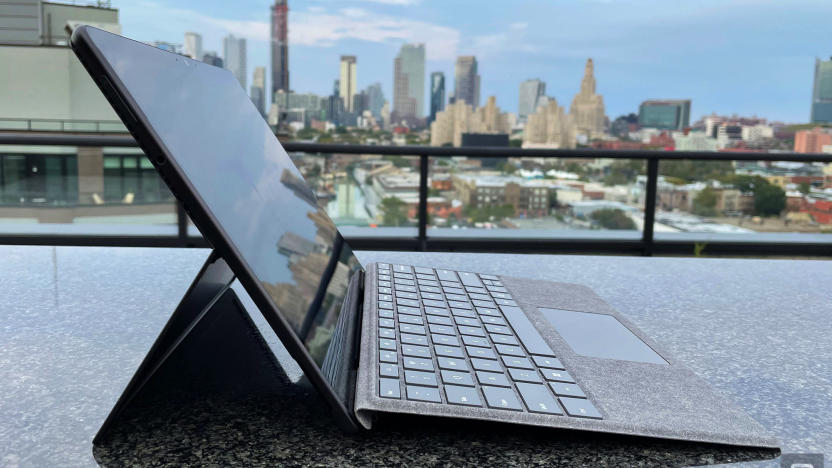 The Microsoft Surface Pro 8, photographed on a roof deck with the keyboard folio attached.