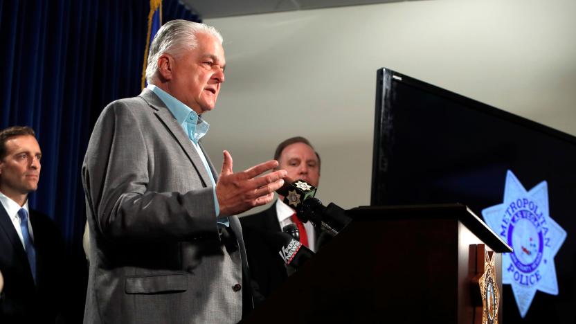 Clark County Commission Chairman Steve Sisolak reports on donations to a victims fund, including a $3 million donation from MGM Resorts International, during a media briefing at the Las Vegas Metro Police headquarters in Las Vegas, Nevada, U.S. October 3, 2017.  REUTERS/Las Vegas Sun/Steve Marcus