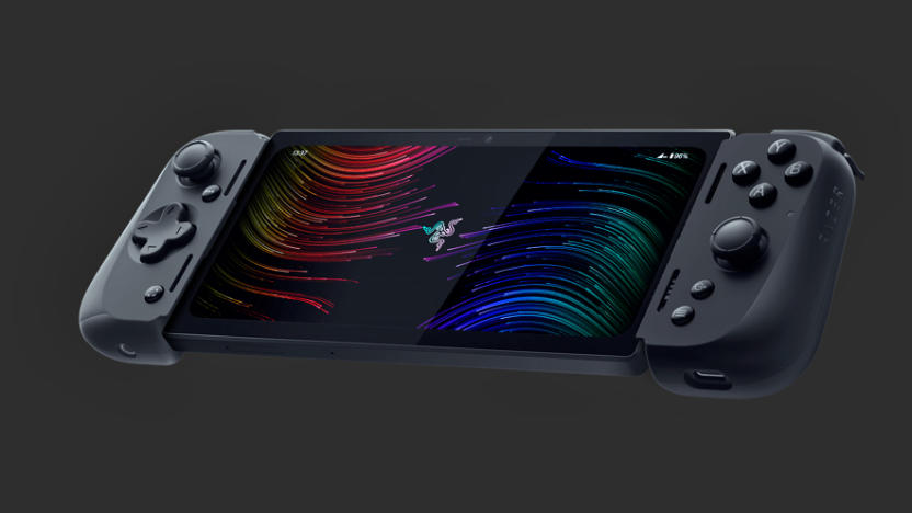 The Razer Edge cloud gaming handheld console seen floating in a dark grey void.