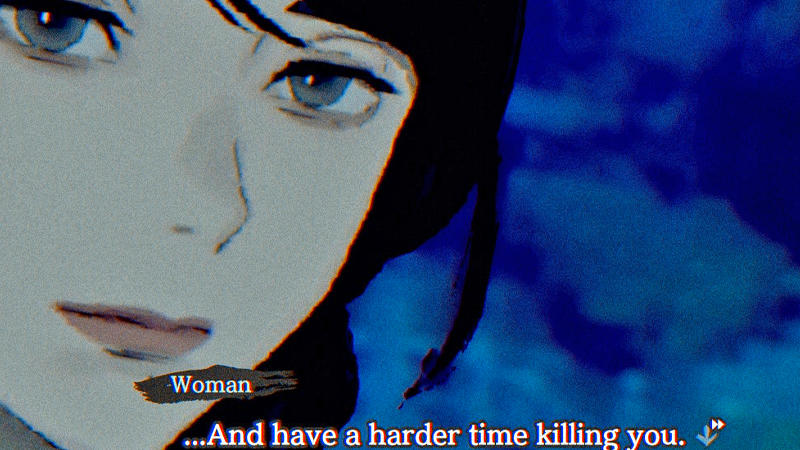 A screenshot from the video game 'Paranormasight' showing the cropped head of a woman with a subtitle reading "...And have a harder time killing you".