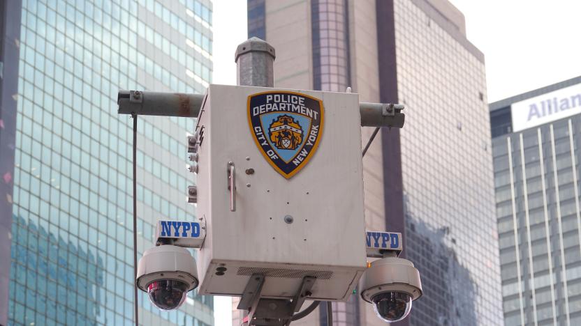 09 September 2019, US, New York: The logo of the New York City Police Department (NYPD) stands on a surveillance camera near Times Square. Photo: Alexandra Schuler/dpa (Photo by Alexandra Schuler/picture alliance via Getty Images)