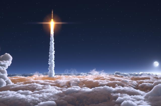 Rocket flies through the clouds on moonlight 3d illustration