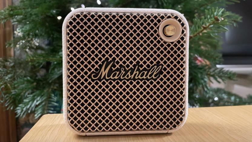 A Marshall speaker on a table.