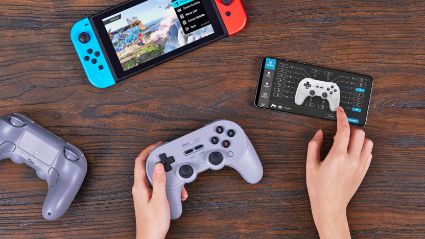 The 8BitDo wireless controller flanked by a Switch, a smartphone with controller setup graphics and two hands working the device.