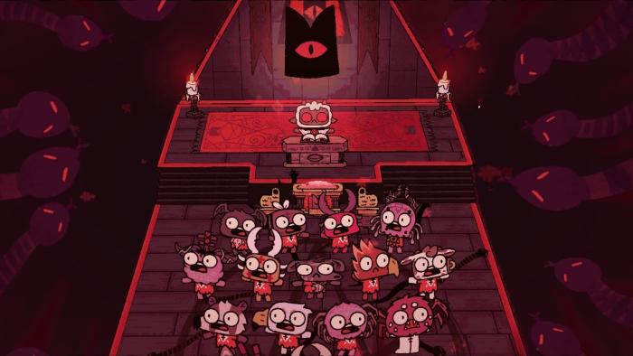 A screenshot from Cult of the Lamb showing the lamb and Followers in the temple surrounded by snakes