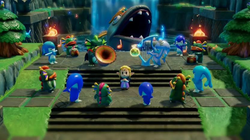 Zelda standing in front of a bunch of Zora.