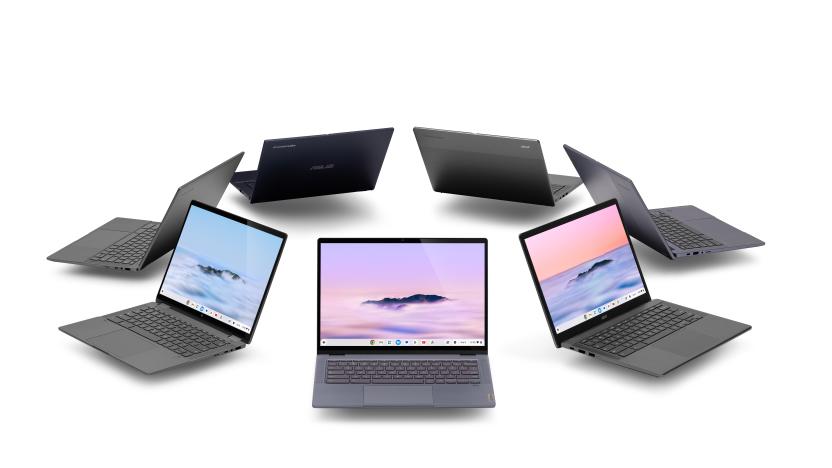 A group shot of the new Chromebook Plus laptops.