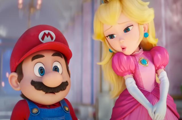 Still from the 2023 animated film "The Super Mario Bros. Movie." Mario is on the left with a worried look on his face; Peach stands to the right with a comically nonchalant look on her face.