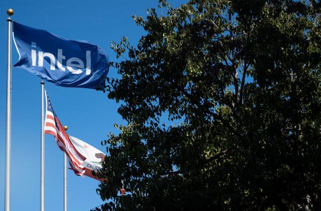 Intel's flag in the foreground with the flags of California and the USA in the background.