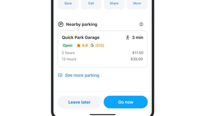 Screenshot of a new Waze app feature showing parking garage info. The screen shows "Nearby parking," with "Quick Park Garage" and its pricing listed. Options include "Leave later" or "Go now."