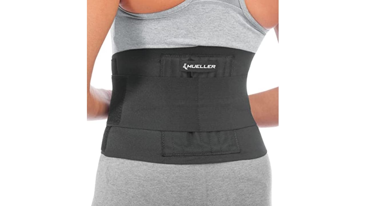 Mueller 4-in-1 Hot/Cold Lumbar Back Brace, One Size Fits 30 - 48 in Black