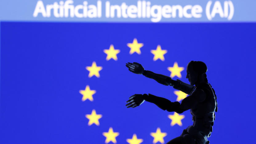 AI Artificial intelligence words, miniature of robot and EU flag are seen in this illustration taken December 21, 2023. REUTERS/Dado Ruvic/Illustration/File Photo