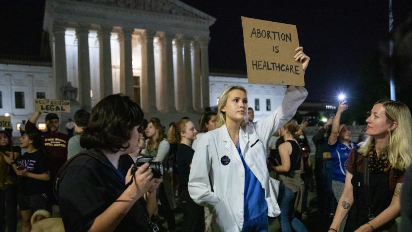 WASHINGTON, D.C. - May 2: Pro-choice protesters rally in front of the Supreme Court after news broke that Roe V. Wade is set to be overturned in Washington, D.C. on May 2, 2022. (Amanda Andrade-Rhoades/For The Washington Post via Getty Images)