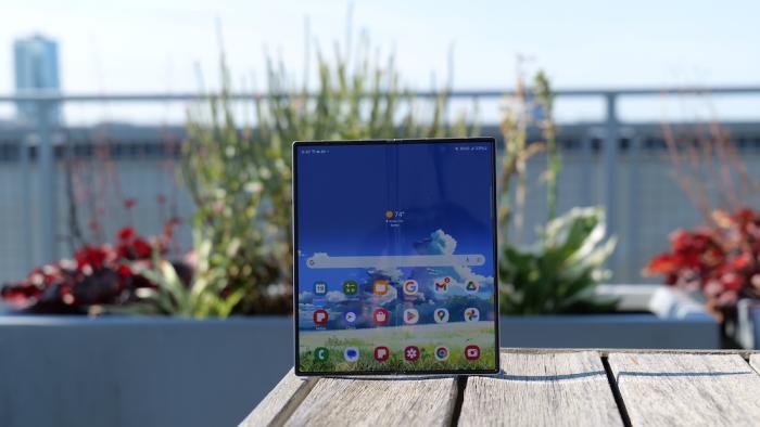 Samsung Galaxy Fold 6 open on a table outside. 