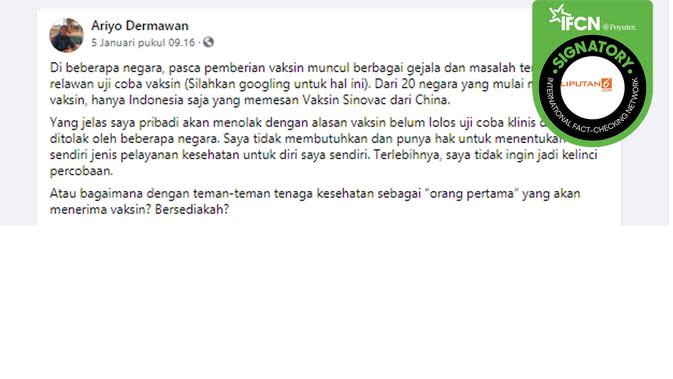 Cek Fakta: Hanya Indonesia yang Pesan Vaksin Covid-19 Buatan China? Simak Buktinya