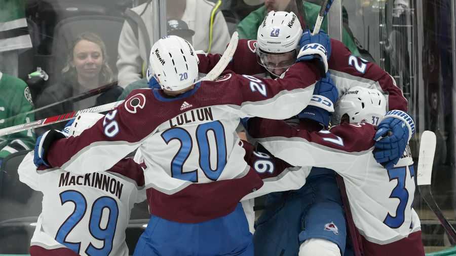 Getty Images - DALLAS, TEXAS - MAY 07: Miles Wood #28 of the Colorado Avalanche celebrates with teammates after scoring the game winning goal during overtime against the Dallas Stars in Game One of the Second Round of the 2024 Stanley Cup Playoffs at American Airlines Center on May 07, 2024 in Dallas, Texas. (Photo by Sam Hodde/Getty Images)