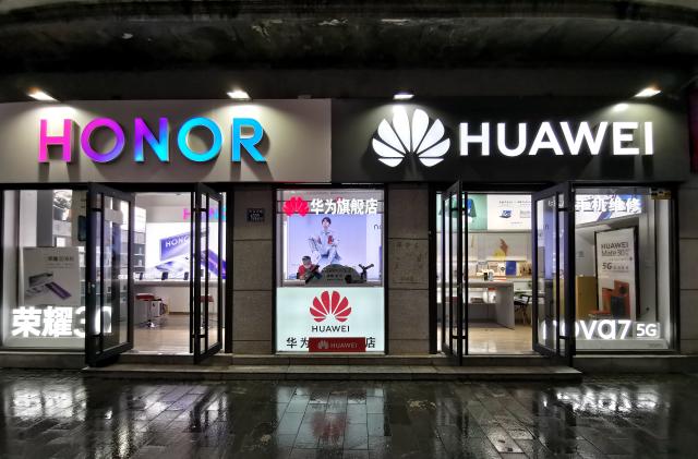 WUHAN, CHINA - SEPTEMBER 16: A Huawei store and an Honor store are seen on September 16, 2020 in Wuhan, Hubei Province of China. (Photo by VCG/VCG via Getty Images)