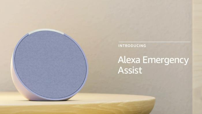Product photo of an Echo speaker on a table with the text Alexa Emergency Assist next to it.
