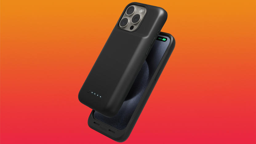 Product image of the Mophie Juice Pack (2024). The battery case houses an iPhone 15 in front of an orange-red gradient.