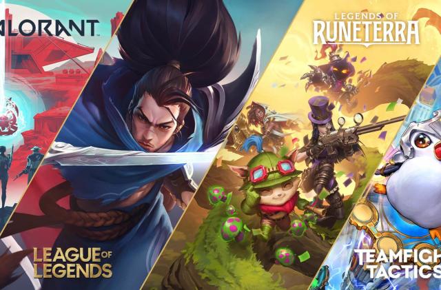 A graphic showing key art from Valorant, League of Legends, Legends of Runeterra and Teamfight Tactics.