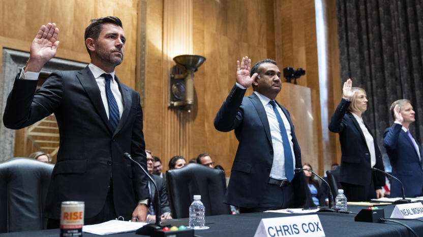 UNITED STATES - SEPTEMBER 14: From left, Chris Cox, chief product officer for Meta, Neal Mohan, chief product officer for YouTube, Vanessa Pappas, chief operating officer for TikTok, and Jay Sullivan, general manager of Bluebird Twitter, are sown in during the Senate Homeland Security and Governmental Affairs Committee hearing titled Social Medias Impact on Homeland Security, in Dirksen Building on Wednesday, September 14, 2022. (Tom Williams/CQ-Roll Call, Inc via Getty Images)