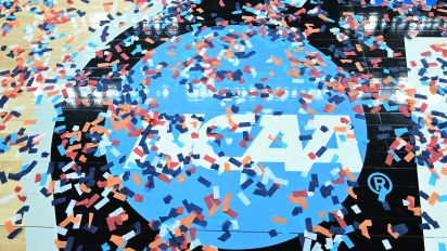 Getty Images - ALBANY, NEW YORK - MARCH 31: The NCAA logo is covered by confetti after the South Carolina Gamecocks defeat the Oregon State Beavers during the Elite Eight round of the 2024 NCAA Women's Basketball Tournament held at MVP Arena on March 31, 2024 in Albany, New York. (Photo by Greg Fiume/NCAA Photos via Getty Images)