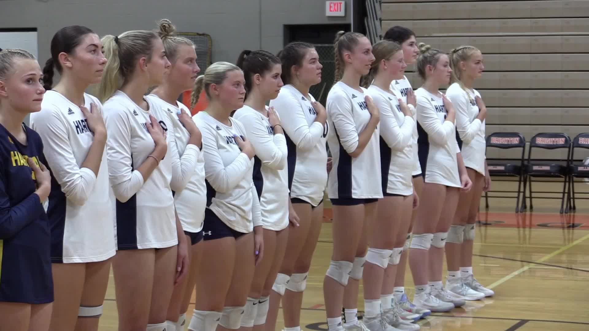 Watch Brighton volleyball player sing anthem, highlights vs