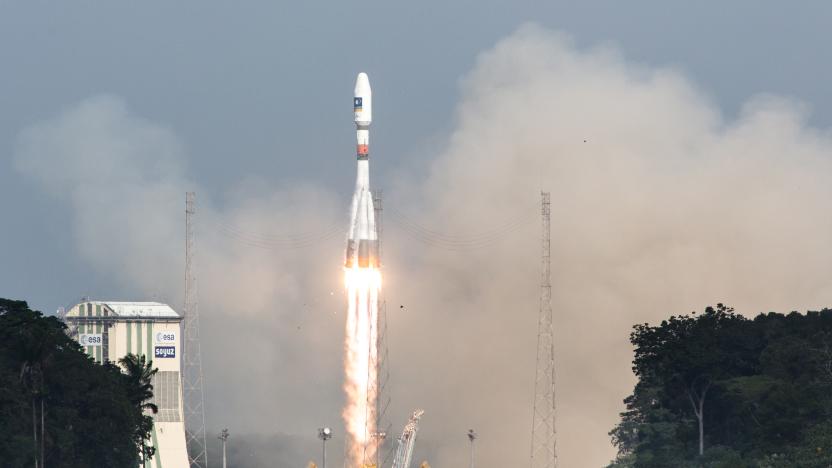 A picture taken on December 17, 2015 shows a Soyuz rocket blasting off from the European space centre at Kourou, French Guiana.

Europe was set to launch the next two satellites today for its multi-billion-euro Galileo satnav system, a rival to America's GPS, according to space firm Arianespace. / AFP / Jody AMIET        (Photo credit should read JODY AMIET/AFP via Getty Images)