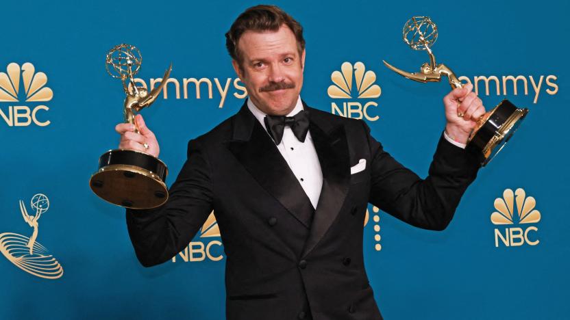 Jason Sudeikis poses with awards for Outstanding Lead Actor in a Comedy Series for "Ted Lasso" and Outstanding Comedy Series for "Ted Lasso"at the 74th Primetime Emmy Awards held at the Microsoft Theater in Los Angeles, U.S., September 12, 2022. 