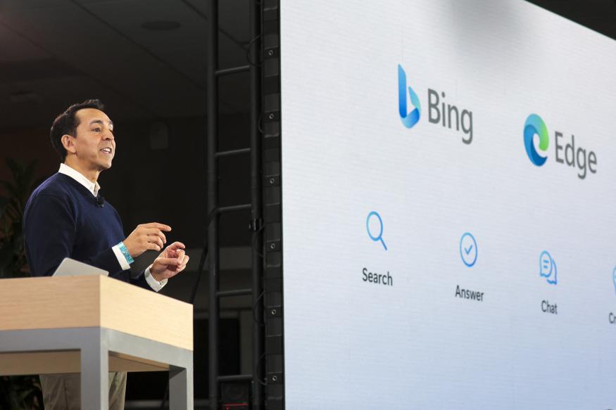 Yusuf Mehdi, Microsoft Corporate Vice President of Modern Life, Search, and Devices, speaks during a keynote address announcing ChatGPT integration for Bing at Microsoft in Redmond, Washington, on February 7, 2023. - Microsoft's long-struggling Bing search engine will integrate the powerful capabilities of language-based artificial intelligence, CEO Satya Nadella said, declaring what he called a new era for online search. (Photo by Jason Redmond / AFP) (Photo by JASON REDMOND/AFP via Getty Images)