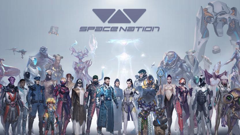 A logo for 'Space Nation' complete with 50 characters standing around.