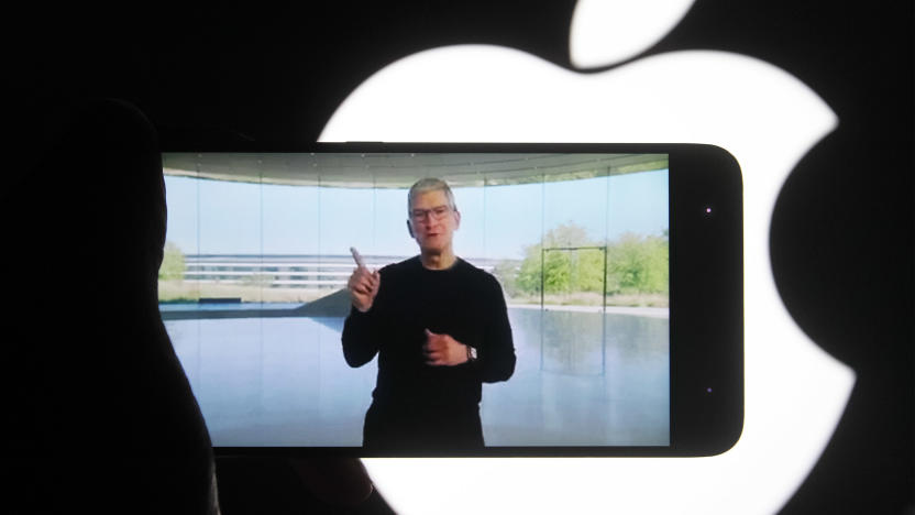 UKRAINE - 2020/10/13: In this photo illustration a screenshot of Apple's CEO Tim Cook from Apple's launch promotional material of the the new iPhone12 seen displayed on a smartphone screen with the apple logo in the background. (Photo Illustration by Pavlo Gonchar/SOPA Images/LightRocket via Getty Images)