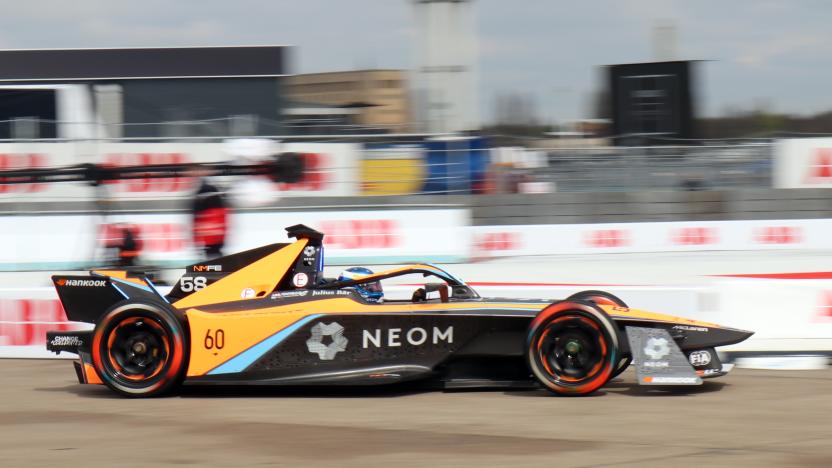 BERLIN, GERMANY - APRIL 23: Rene Rast - NEOM McLaren Formula E Team, NISSAN e-4ORCE 04 on track during the Formula E 2023 Sabic Berlin E-Prix - Round 8 on April 23, 2023 in Berlin, Germany. (Photo by Norbert Nickels ATPImages/Getty Images)