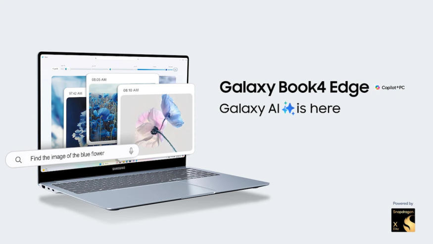 Marketing image of the Samsung Galaxy Book4 Edge laptop. It sits in front of a subtle gray gradient background. Beneath the laptop’s name, the text: "Galaxy AI is here."