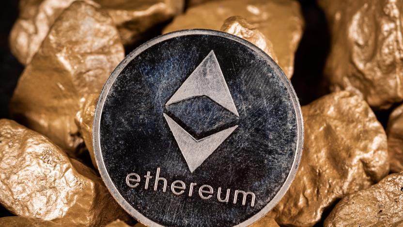 Ethereum cryptocurrency with gold nuggets. Investment and store of value concept. SLOVENIA, LJUBLJANA: 12 April 2021