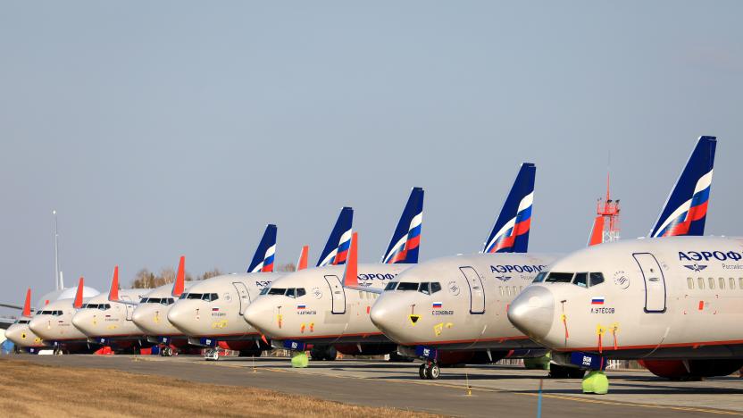 KRASNOYARSK TERRITORY, RUSSIA - APRIL 7, 2020: Aeroflot passenger planes at Krasnoyarsk International Airport. Russia has halted all international flights since March 27, 2020, amid the ongoing COVID-19 coronavirus pandemic, except for repatriation flights. Since April 4, every repatriation flight has to be pre-arranged; Russian citizens arrive at Sheremetyevo Airport only, with the number of passengers per day limited to 500. The passenger traffic in Russian airports has decreased by 89% compared to April 2019. Andrei Samsonov/TASS (Photo by Andrei Samsonov\TASS via Getty Images)