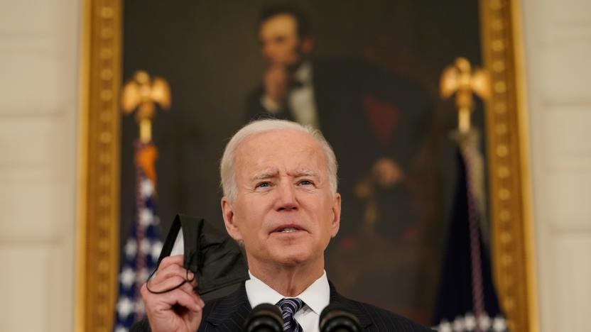 U.S. President Joe Biden delivers remarks on the state of the coronavirus disease (COVID-19) vaccinations from the State Dining Room at the White House in Washington, D.C., U.S., April 6, 2021. REUTERS/Kevin Lamarque     TPX IMAGES OF THE DAY